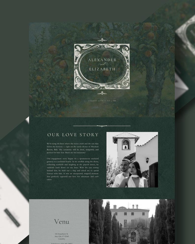 Vintage Green Wedding Website Template, Modern Canva Design (digital