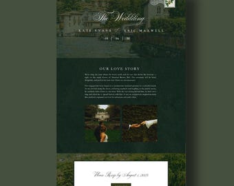 Puede incluir: Una invitación de boda verde oscuro con un paisaje junto al lago, el texto The Wedding, Kate Evans y Eric Maxwell, y la fecha 08 04 30. Incluye una sección Our Love Story con dos fotos pequeñas y una sección de RSVP con un botón.