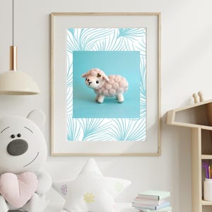 Baby Sheep Nursery Print: Aqua Leaf Frame (JPG & PDF Digital Download