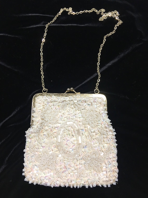 Ivory evening beaded purse, beaded clutch, vintag… - image 1