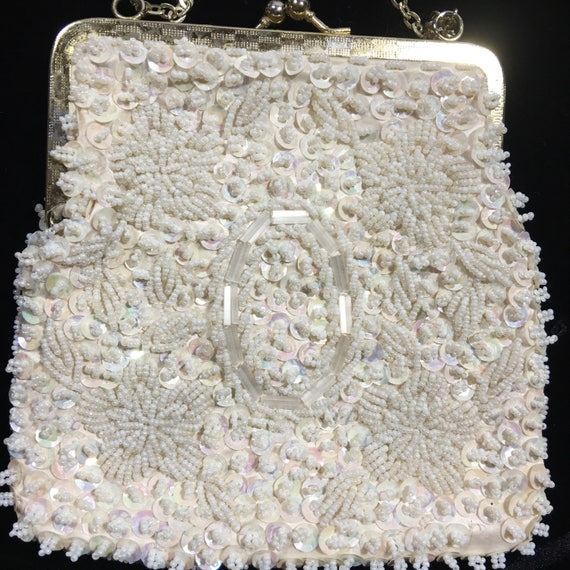 Ivory evening beaded purse, beaded clutch, vintag… - image 3