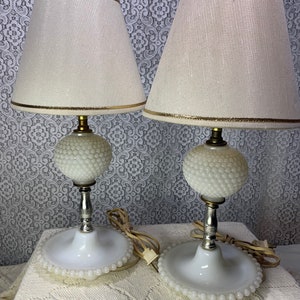 Vintage milk glass lamp, pair of white hobnail glass lamps, pair of white bedside lamps, vintage baby shower, vintage toddler room,
