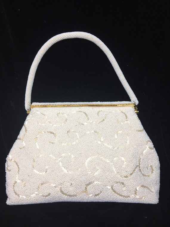 Ivory evening beaded purse, beaded clutch, vintage
