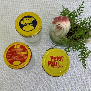 Vintage peanut butter jars, jiffy peanut butter, Peter Pan peanut butter, jiff crunchy peanut butter jar