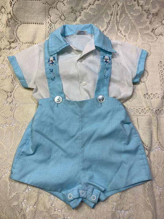 Vintage boys romper, 24M romper, blue romper, puppy romper
