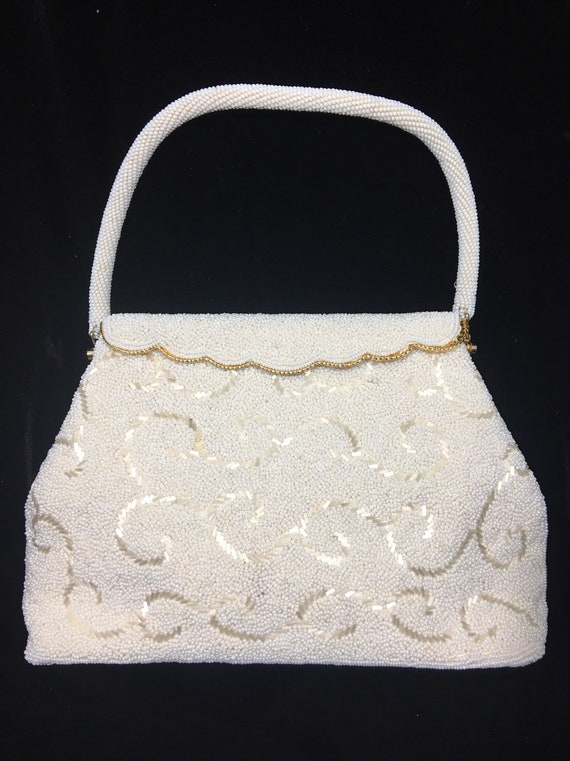 Ivory evening beaded purse, beaded clutch, vintage