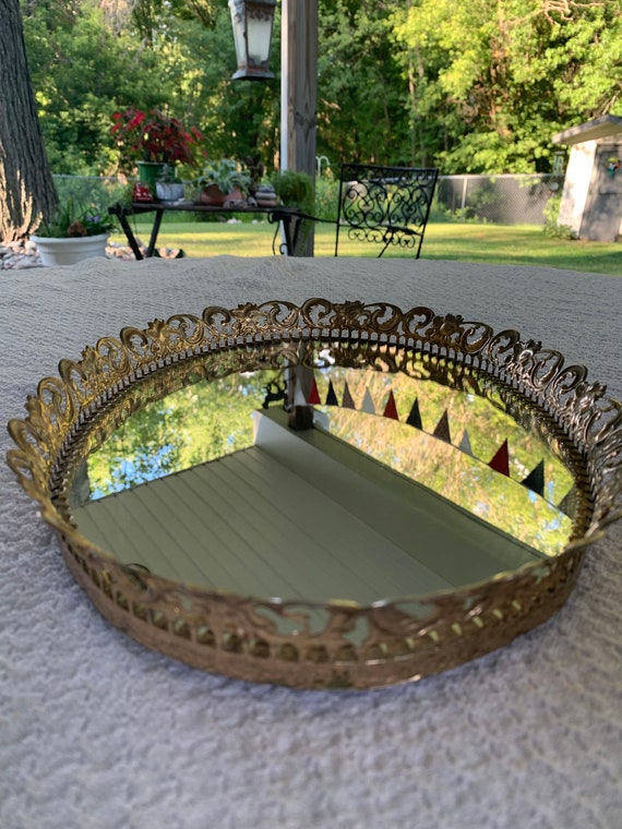 gold dresser tray Metal Decorative Gold Mirror Tray Perfume Tray Mirror Vanity Tray Dresser Tray