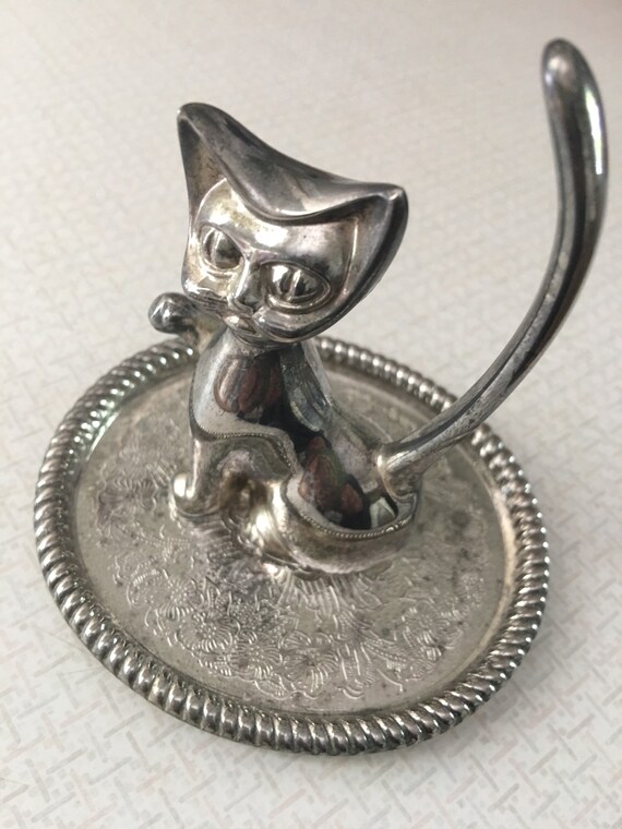 Vintage cat ring tree, vintage silver plated ring tree, vintage ring holder