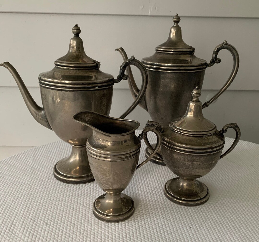 Vintage Silver on Copper Tea and Coffee Set, Vintage Lehman Brothers