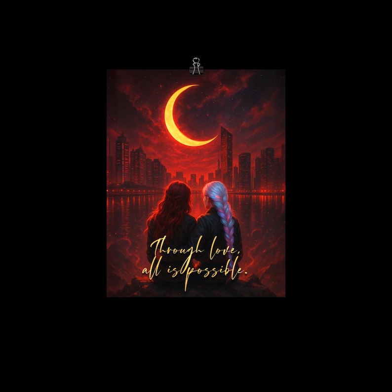 May include: Digital art print featuring two figures with long hair, facing away, overlooking a cityscape at dusk. A crescent moon glows in a red sky above the skyline. The text "Through love, all is possible" is at the bottom.