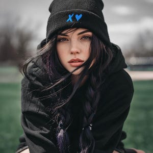 May include: A black beanie with a blue 'XV' and heart design. The beanie is worn by a person with dark hair and a black hoodie. The background is blurred, with a focus on the person's face.