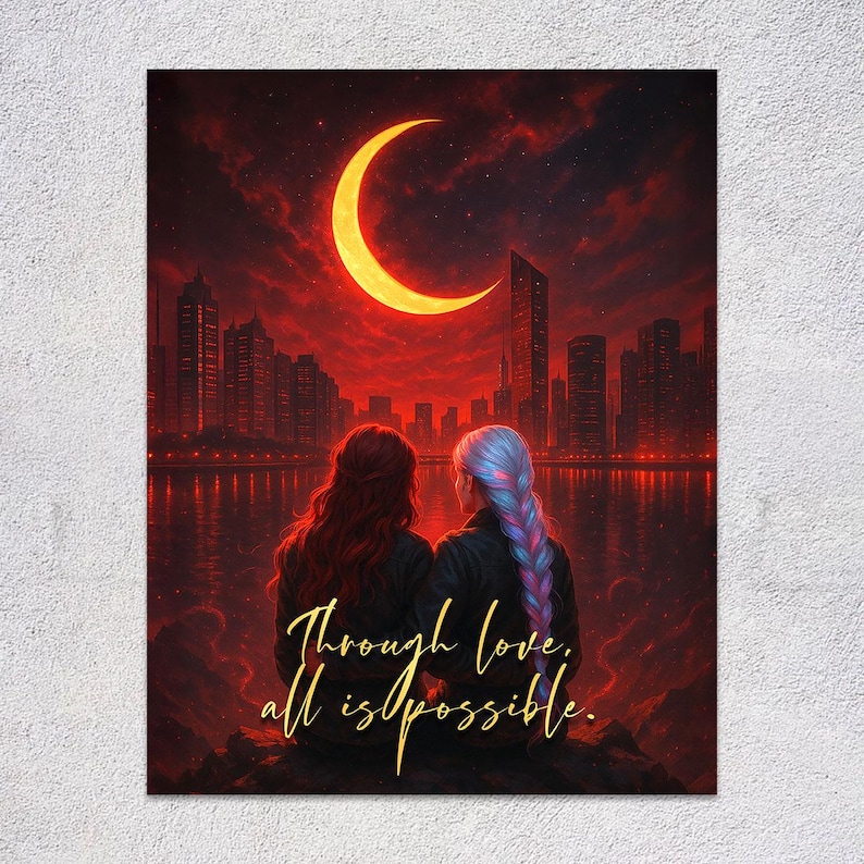 May include: A digital art print featuring two figures with long hair, facing away, overlooking a cityscape at dusk. A crescent moon glows above the skyline. The text "Through love, all is possible" is written in gold script.