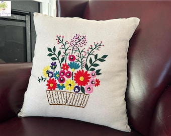 Hand Embroidered floral Pillow, Flowers embroidery