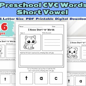 Preschool CVC Words Pack, 26 Pages of Short Vowel Reading Practice, Short Vowel CVC Word Worksheets, Fun Phonics Preschool and Kindergarten