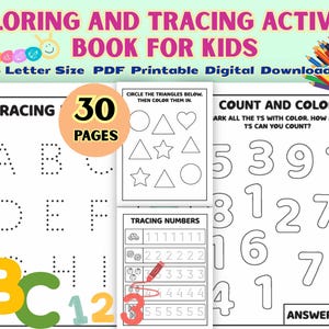 Coloring & Tracing Activity Book, 30 Pages Creative Early Learning Fun, Preschool Coloring and Tracing Worksheets, Fun Pencil Control, pdf