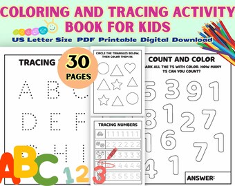 Libro de actividades para colorear y trazar, 30 páginas, divertido y creativo aprendizaje temprano, hojas de trabajo para colorear y trazar en preescolar, divertido control del lápiz, PDF