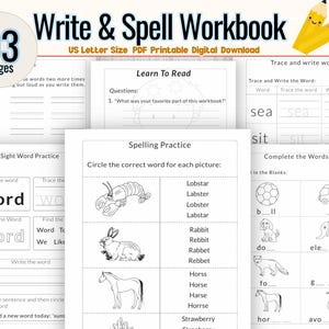May include: A digital workbook titled "Write & Spell Workbook" with 93 pages. The pages feature exercises for learning to read, sight word practice, spelling practice, and tracing words. Includes illustrations of a lobster, rabbit, and horse.