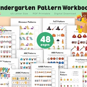 Op de afbeelding: Een kleurrijk werkboek voor kleuters met 48 pagina's. Het werkboek bevat dinosaurussen, herfst- en fruitpatronen, evenals ABC- en kleurpatronen. De omslag bevat de tekst "Kindergarten Pattern Workbook".