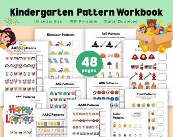 Pattern Recognition Workbook for Kindergarten, 48 Pages, Shapes & Colors, Printable Preschool Math Activities