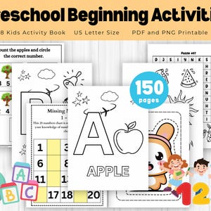 May include: A set of 150 printable preschool activity pages featuring black and white illustrations of letters, numbers, animals, and objects. The pages are designed for kids to color, trace, and learn.