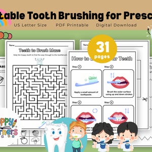 Imágenes y actividades para el cepillado de dientes / 31 páginas / Hábitos saludables para niños en edad preescolar / Tablas de rutinas imprimibles (PDF)