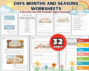 Days, Months and Seasons Worksheets, 32 Pages of Fun Calendar Learning, PreS and Kindergarten Calendar Pack, Learning Days, Time Concept