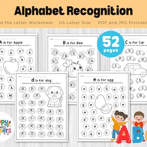 Hojas de trabajo para encontrar y colorear el alfabeto: páginas de actividades imprimibles en PDF y JPG para reconocer letras, juego de encontrar la letra para niños