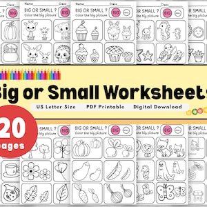 May include: A collection of 20 printable "Big or Small Worksheets" in black and white. Each worksheet features simple line drawings of objects and animals, with prompts to color the larger image. Includes US Letter size and digital download.