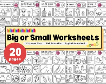 20 Page Size Sorting Worksheets for Preschool and Kindergarten Kids, Big and Small Object Comparison, Matching, and Coloring Activities