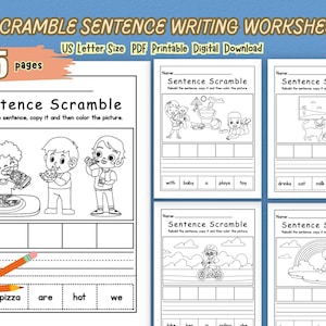 May include: A collection of black and white sentence scramble worksheets for children. The worksheets feature illustrations and prompts to rebuild sentences, copy them, and colour the pictures. The title at the top reads "Unscramble Sentence Writing Worksheets".