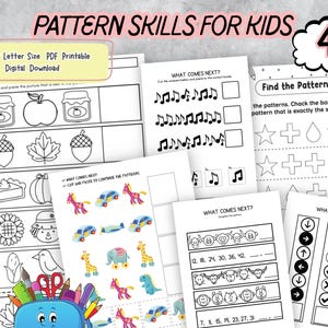 Op de afbeelding: Een verzameling printbare werkbladen voor kinderen over patroonvaardigheden. De pagina's bevatten oefeningen om patronen te matchen, te ordenen en te voltooien met afbeeldingen van muzieknoten, vormen en objecten. De tekst luidt "Pattern Skills for Kids" en "3 US Letter Size PDF Printable Digital Download".