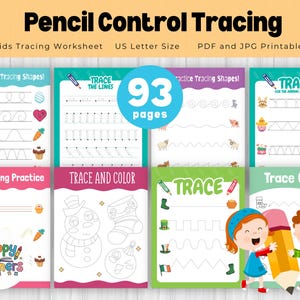 May include: A set of 93 printable tracing worksheets for children. The worksheets feature various themes, including tracing lines, shapes, and letters. The worksheets are designed to help children develop their fine motor skills and pencil control.