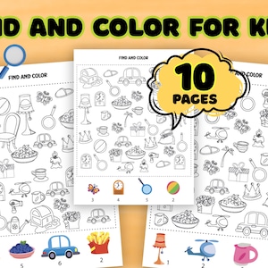Peut inclure: Un livre d'activités pour enfants avec le texte "FIND AND COLOR FOR KIDS" et "10 PAGES". Les pages présentent des dessins au trait d'objets variés à colorier, tels que des voitures, des lampes et des horloges. Un garçon de dessin animé avec une loupe est également présent.