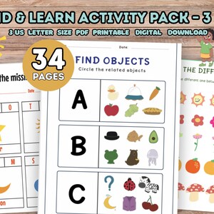 May include: A printable activity pack with 34 pages for kids. The pack includes "Find Objects" and "Find the Missing" activities, along with "The Difference" game. The cover features the text "FIND & LEARN ACTIVITY PACK - 3 IN 1".