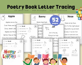 Printable Alphabet Poems & Tracing, 52 Pages, A to Z Rhymes with Handwriting Practice, Preschool Literacy PDF