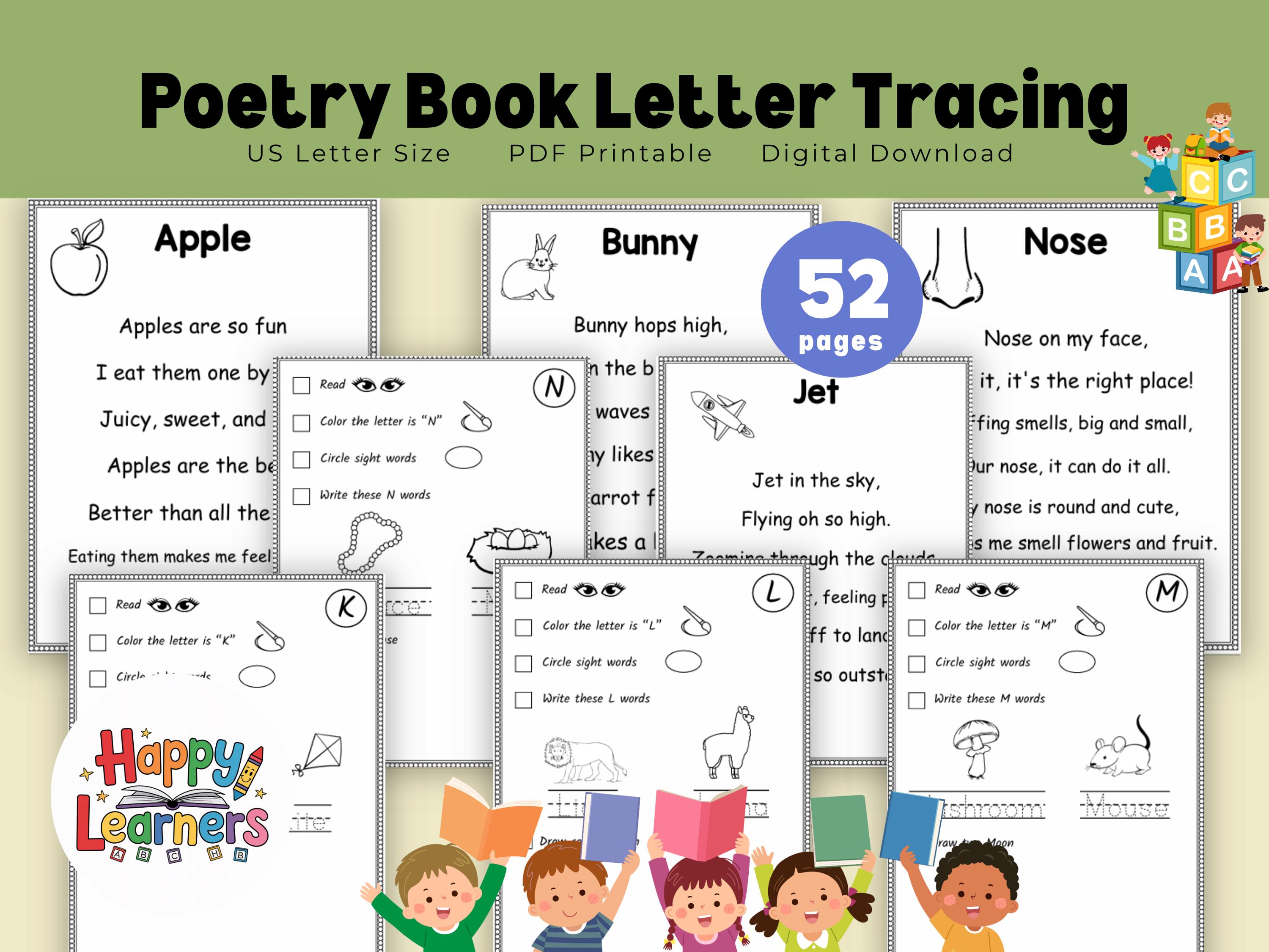 Handwriting Lesson Rhyme Printable Alphabet Poems & Tracing, 52 Pages, A to Z Rhymes With ...