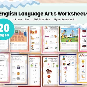20 Page English Language Arts Worksheets for Kinder and First Grade with Letter Practice, Sentence Building, Tracing, and Simple Vocabulary