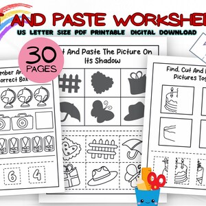 May include: Black and white printable worksheets with the text "Cut and Paste Worksheets". The worksheets include various matching activities, such as matching numbers, shadows, and pictures. The image also includes a rainbow and the text "30 Pages".