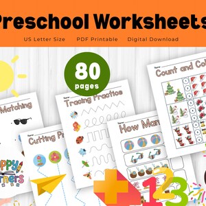 Preschool Worksheets Printable Bundle | 80 Pages | Count and Color, Tracing, Matching, Early Math | Digital Download for Kids