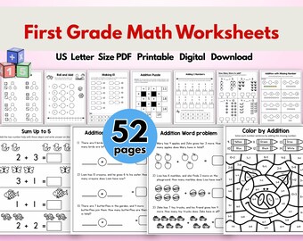 First Grade Worksheets, 52 Pages of Fun Number Practice and Simple Math Skills for Kids, Grade 1 Printable Workbook, Learning pdf