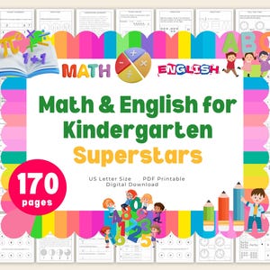 Cuaderno de ejercicios de matemáticas e inglés para jardín de infantes, 170 páginas imprimibles con ejercicios de conteo, suma, resta, reconocimiento de letras y gramática.