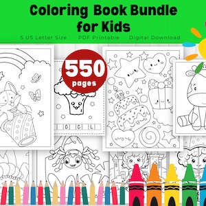 May include: A bundle of 550 coloring pages for kids, featuring a variety of illustrations including a cat in a party hat, a caterpillar, a spider, a birthday cake, a giraffe, and a girl in a castle. The pages are designed for US Letter size paper and are printable. The image also shows a row of colored pencils.