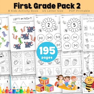 Pode incluir: Um conjunto de 195 folhas de trabalho imprimíveis para alunos do primeiro ano. As folhas de trabalho apresentam uma variedade de atividades, incluindo esquerda ou direita, letras em falta, problemas de matemática e traçado de formas. As folhas de trabalho são projetadas para ajudar as crianças a aprender habilidades básicas em leitura, matemática e escrita.