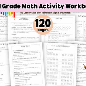 Op de afbeelding: Een 2nd Grade Math Activity Workbook met 120 pagina's, US Letter formaat, en een PDF printbare digitale download. Het werkboek bevat wiskundige problemen, waaronder optellen, aftrekken, vermenigvuldigen, delen en plaatsingswaarde oefeningen.
