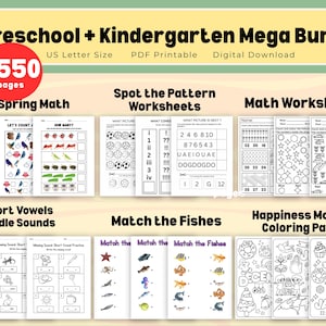 May include: A collection of printable preschool and kindergarten worksheets. The bundle includes maths, pattern recognition, and colouring pages. The worksheets are US Letter size and include 2550 pages.