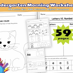 Kindergarten Morning Work Worksheets, 59 Pages of Daily Warm-Up Printables, Morning Routine Binder for Kids, printable pdf