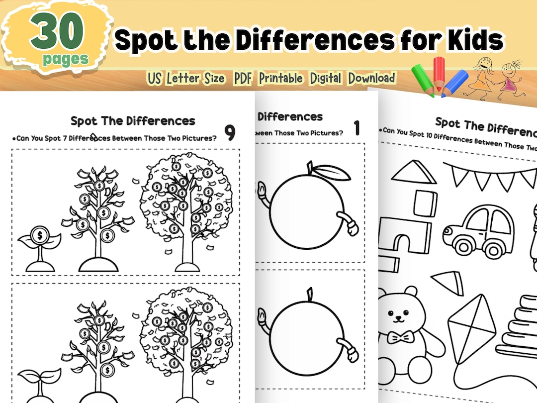 Kids’ Spot the Differences Puzzle Book, Printable 30 Pages Pdf of Brain ...