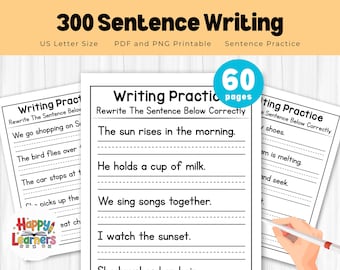 300 Sentence Writing Practice Pages for Kids, Printable Write the Sentence Worksheets, Sentence Writing Worksheets for Kinder, Grade 1
