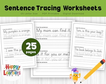 Werkbladen voor het overtrekken van zinnen voor kinderen | 25 pagina's | Afdrukbaar handschrift en vroege schrijfoefeningen | Pdf-download voor kleuters en kleuters