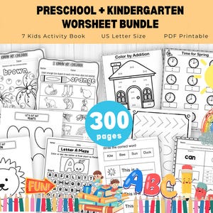 May include: A set of 300 printable preschool and kindergarten worksheets. The worksheets feature a variety of activities, including coloring, tracing, matching, and writing. The worksheets are designed to help children learn basic skills such as colors, shapes, letters, and numbers.